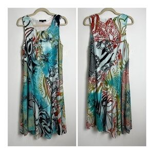 CATIVA Tropical Print Burnout Textured Lace Asymmetrical Hem Midi Artsy Dress M